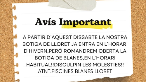 BOTIGA DE LLORET HORARI D´HIVERN!!!