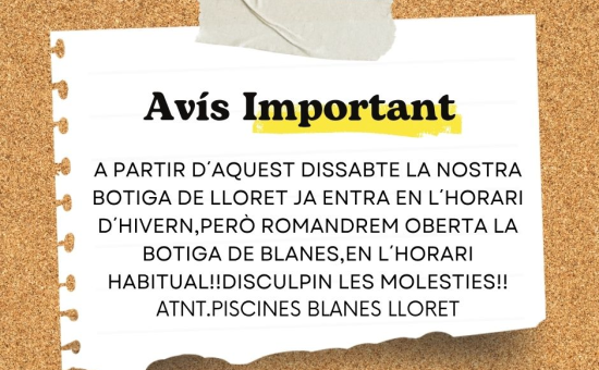 BOTIGA DE LLORET HORARI D´HIVERN!!!